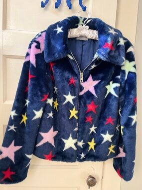 Navy Star-Print Faux Fur Jacket
